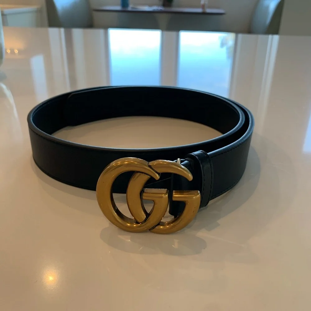 Gucci Black Leather Belt with Gold Double G Logo Buckle